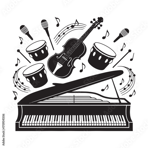 Musical Instruments Set Piano Violin Drums Microphones with Music Notes Vector Illustration