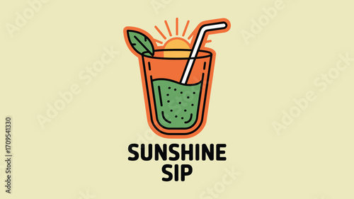 Illustration of a green smoothie in an orange glass with a straw and a leaf on a light yellow background