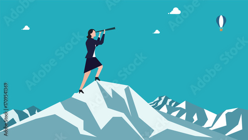 山頂に立ち望遠鏡を使って未来を見据えるビジネスウーマン　A businesswoman gazing into the future through a telescope atop a mountain peak