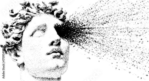 Statue head in black and white, featuring an abstract design with dots. This vector illustration explores concepts of expression and visualization.