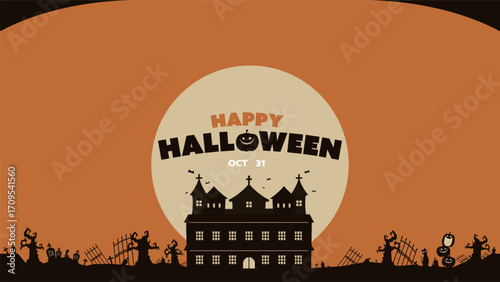不気味な森とお化け屋敷のシルエットで飾られたハロウィン背景テンプレート（オレンジ）　Halloween background template decorated with eerie forest and haunted house silhouettes (orange)