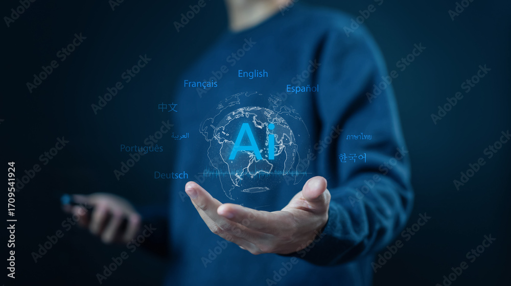 Fototapeta premium Artificial intelligence translation concept with global languages. Modern AI technology for multilingual communication, localization, and worldwide business connections in digital era. AI translation