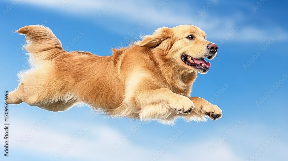 Obraz premium Golden Retriever Dog Jumping in Bright Blue Sky with Joyful Expression