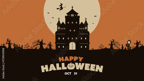 お化け屋敷と不気味な森のシルエットで飾られたハロウィン背景テンプレート（オレンジ）　Halloween background template decorated with haunted house and eerie forest silhouettes (orange)