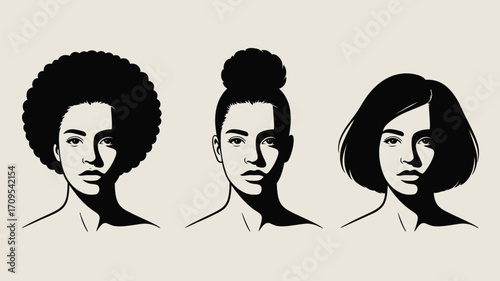 Three stylized portraits of women with different hairstyles in black and white illustration style