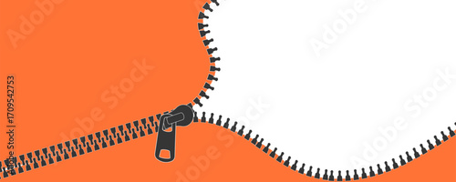 Zipper silhouette, zipper lock or unlock bg. Fastener slide with puller orange color. Split cloth pulling zip. Apparel accessories simple drawing.