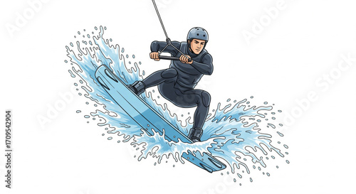 A wakeboarder performs an aerial maneuver, splashing water, showcasing skill and athleticism.
