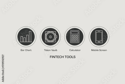 Illustration of fintech tools including a bar chart, token vault, calculator, and mobile screen icons