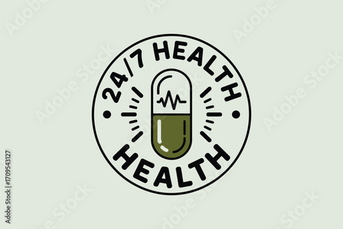 A stylized emblem featuring a capsule with an ekg line inside surrounded by the text health and hours