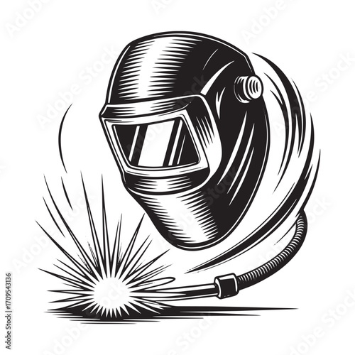 Welding Helmet with Spark Illustration Industrial Safety Equipment Vector