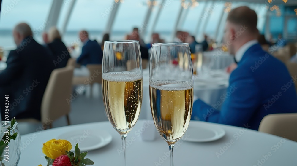 Obraz premium Elegant Champagne Glasses on Table with View of Event Celebration