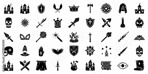 Collection of fantasy game icons including castles weapons shields magic items and mythical creatures