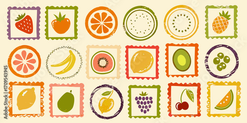 Collection of colorful fruit stamps in a playful hand drawn style with a vintage feel