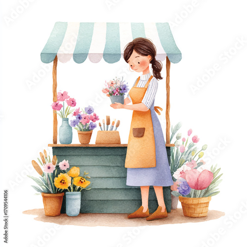 Watercolor Florist at Her Flower Stand.