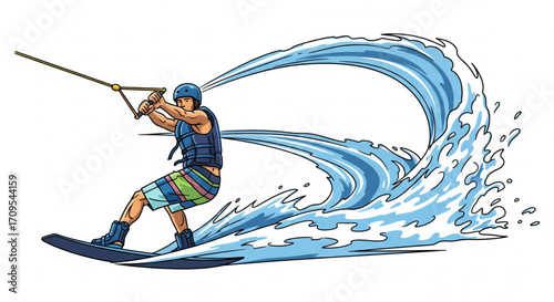 A man water skis, pulled by a rope, creating a large wave of water.