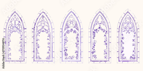 Five gothic architectural window frames with intricate floral designs in purple outline on a cream background