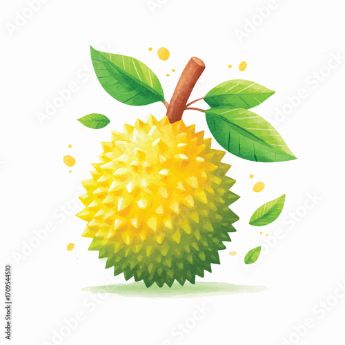 Watercolor illustration of a durian fruit with green leaves and a brown stem.