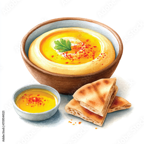 Watercolor illustration of a delicious bowl of hummus with pita bread.