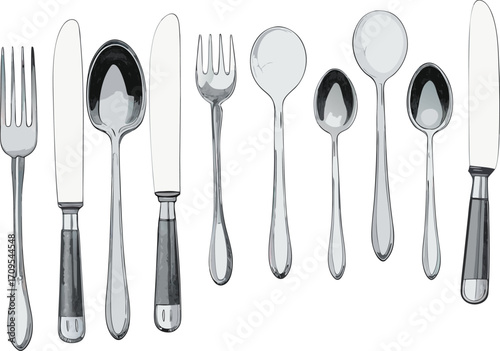 Assortment of silver cutlery and spoons with dark handles