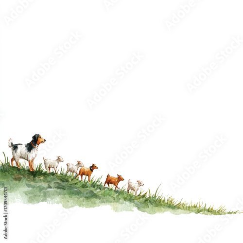 Watercolor illustration of a herding dog leading a flock of sheep.
