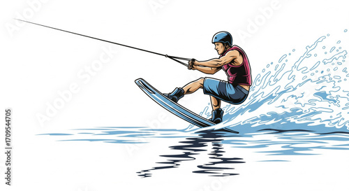 A man wakeboarding,  performing a dynamic maneuver on a wakeboard.