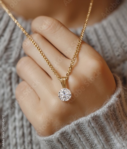 A woman wearing a gold necklace with a diamond pendant on her hand