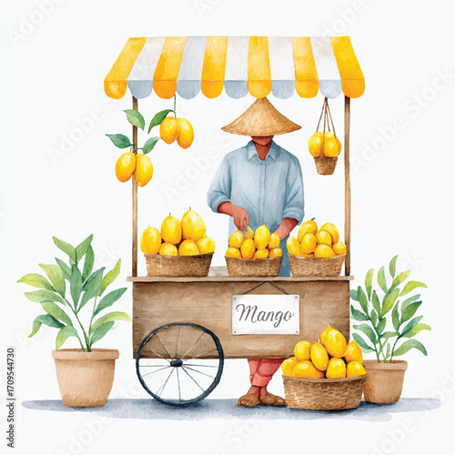Watercolor illustration of a mango seller at a vibrant fruit stand.