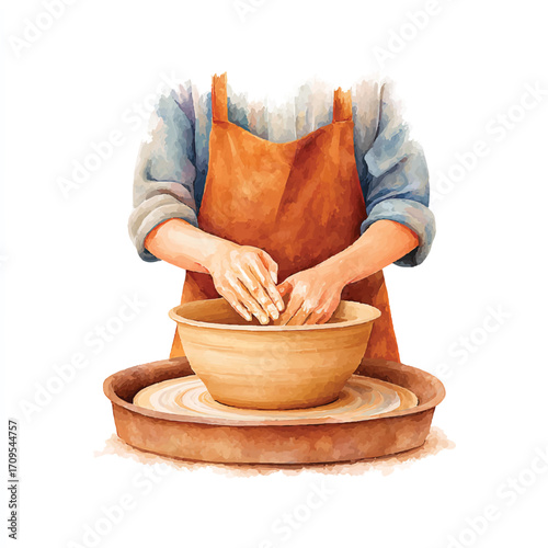 Watercolor illustration of a potter shaping a clay bowl on a wheel.