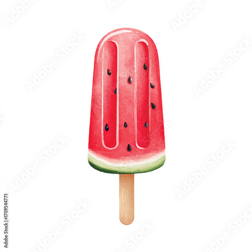 Watercolor illustration of a red watermelon popsicle on a stick.