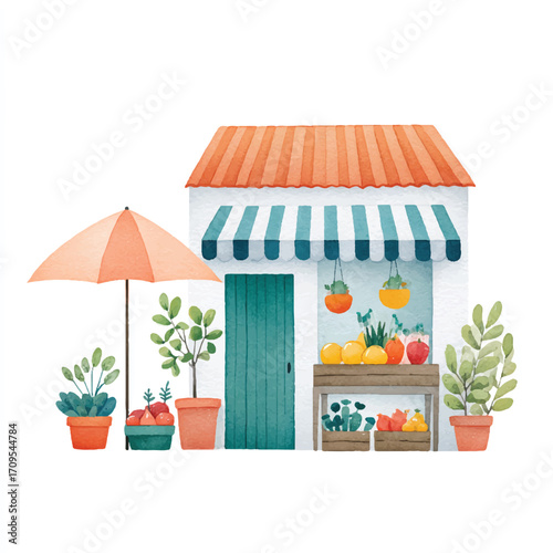 Watercolor Illustration of a Quaint Shop with Fresh Produce and Plants.