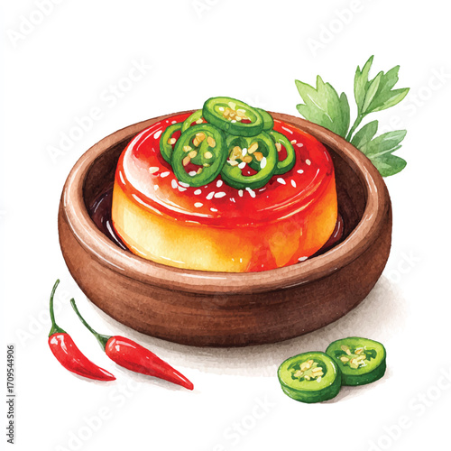 Watercolor Illustration of a Spicy Dish with Jalapeos in a Wooden Bowl.