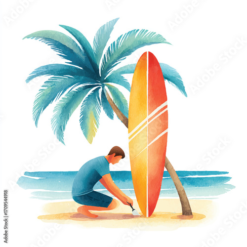 Watercolor illustration of a surfer preparing his surfboard on a tropical beach.