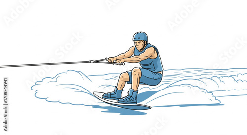 Wakeboarder executing a crouched maneuver across the water's surface, showcasing skill and balance.