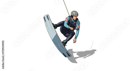 A person wakeboarding, performing a trick, wearing protective gear, and suspended in the air.