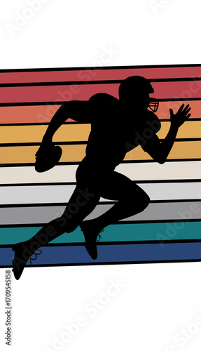 Dynamic football player silhouette sprinting with ball against vibrant retro stripes, capturing athletic motion and energy