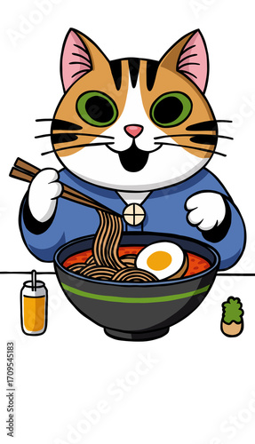Adorable cat joyfully slurping delicious ramen noodles with chopsticks, a delightful culinary moment