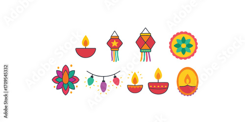 Print  Vector icon set of festive home decor – Diyas, lanterns, rangoli patterns, and decorative lights for Diwali and Bengali festivals. Bright, colorful, and charming flat design, isolated on white 