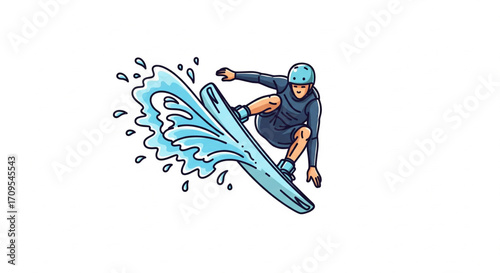 Wakeboarder executing a dynamic aerial maneuver, splashing water.