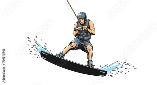 A person, wearing safety gear, wakeboarding on water, pulled by a rope.