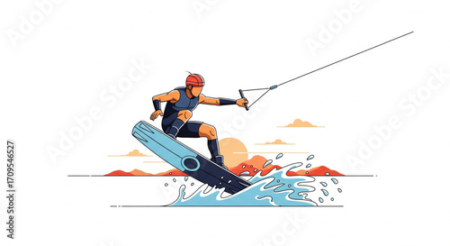 Wakeboarder executes a dynamic aerial maneuver over a lake at sunset, showcasing skill and excitement.