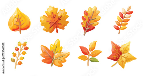A vibrant set of autumn leaves and berries in warm orange, yellow, and red tones, perfect for seasonal designs and decorations.