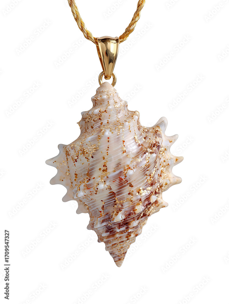 Obraz premium Spiral conch shell pendant with gold bail on a thin rope chain, crystalline ridges and tiny sand specks, isolated on transparent background. 