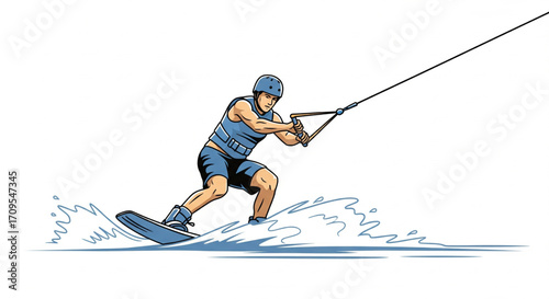 A wakeboarder executes a dynamic turn, water splashing, showcasing skill and power.