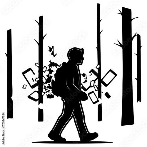 Man Disconnecting from Technology Silhouette, Mental Health and Digital Break Illustration, Walking Away from Devices in the Forest, articles, blogs, and websites related to wellness, lifestyle.