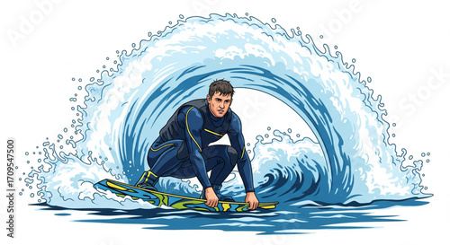 A man in wetsuit surfing a wave, balancing on a surfboard.