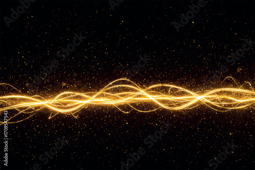 Golden glowing wavy line of light particles against a dark background, representing energy or a cosmic phenomenon
