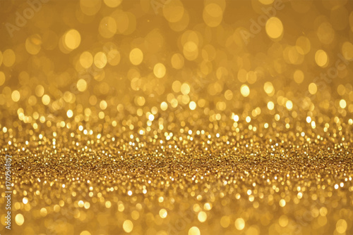 A shimmering, sparkling surface of golden glitter with a shallow depth of field, creating a bokeh effect