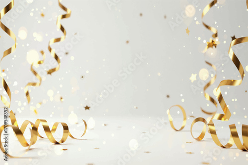 Golden ribbons and confetti falling on a white background, creating a festive and celebratory atmosphere