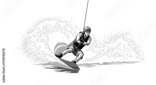 A wakeboarder executes a dynamic maneuver, carving through a powerful wave, showcasing skill and athleticism.