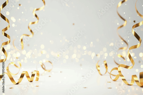 Golden ribbons and confetti falling on a white background, creating a festive and celebratory atmosphere